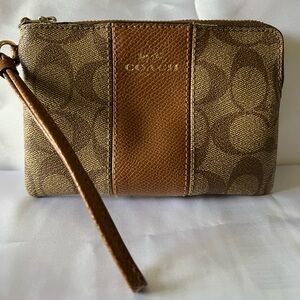 Coach Signature Tan and Brown Wristlet